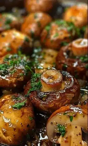 Sautéed garlic butter mushrooms served in a white bowl, garnished with fresh herbs.