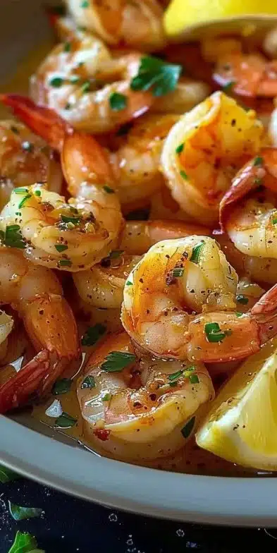 Delicious garlic butter shrimp served on a plate with herbs and lemon.