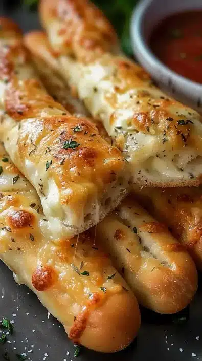 Garlic herb cheese-stuffed breadsticks served on a wooden board