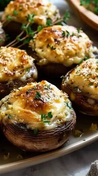 Plate of garlic parmesan stuffed mushrooms garnished with herbs