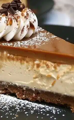 Slice of Gingerbread Cheesecake topped with whipped cream and spices.
