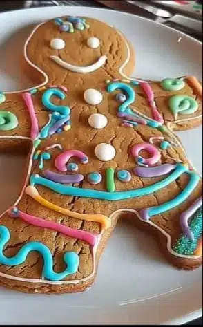 Decorated gingerbread men cookies on a festive background