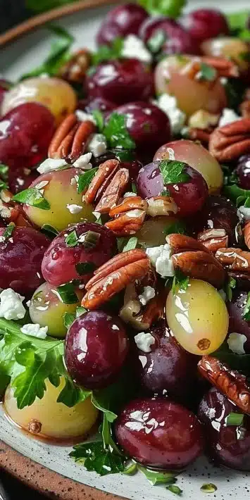 Grapes, Feta, and Pecan Salad served in a bowl with fresh ingredients
