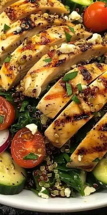 Greek Chicken served with a colorful Quinoa Salad, bursting with fresh Mediterranean flavors