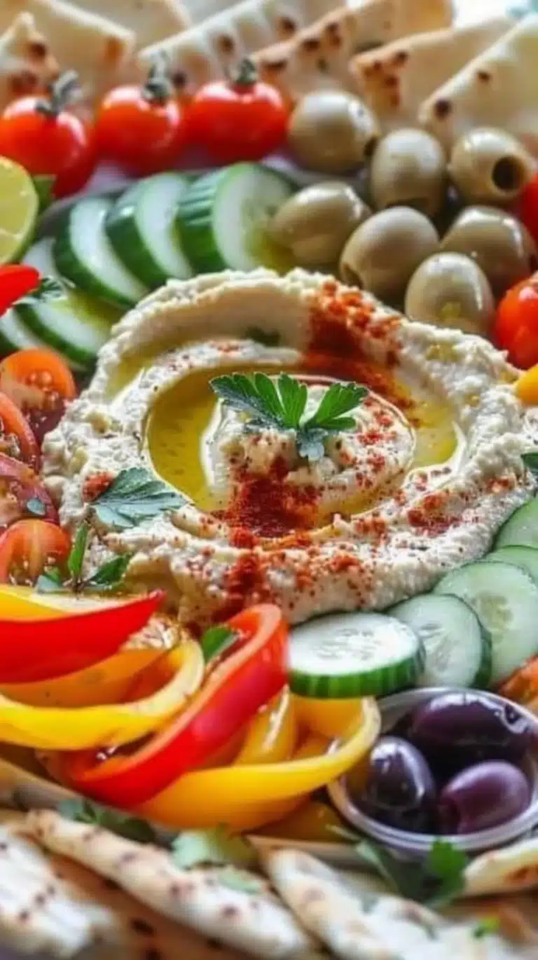 Colorful Greek hummus platter showcasing fresh ingredients and vibrant dips.