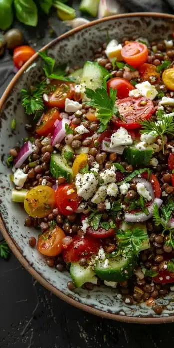 Delicious Greek Lentil Salad with Feta topped with fresh herbs and vegetables