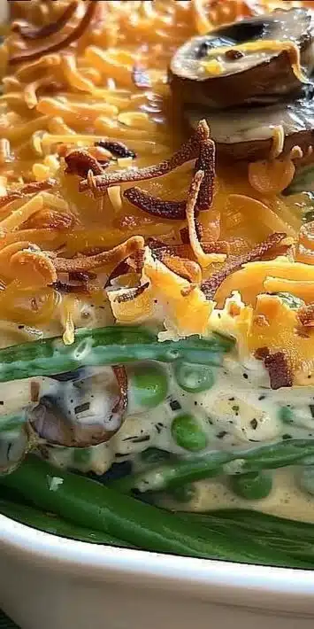 Delicious homemade Green Bean Casserole topped with crispy onions