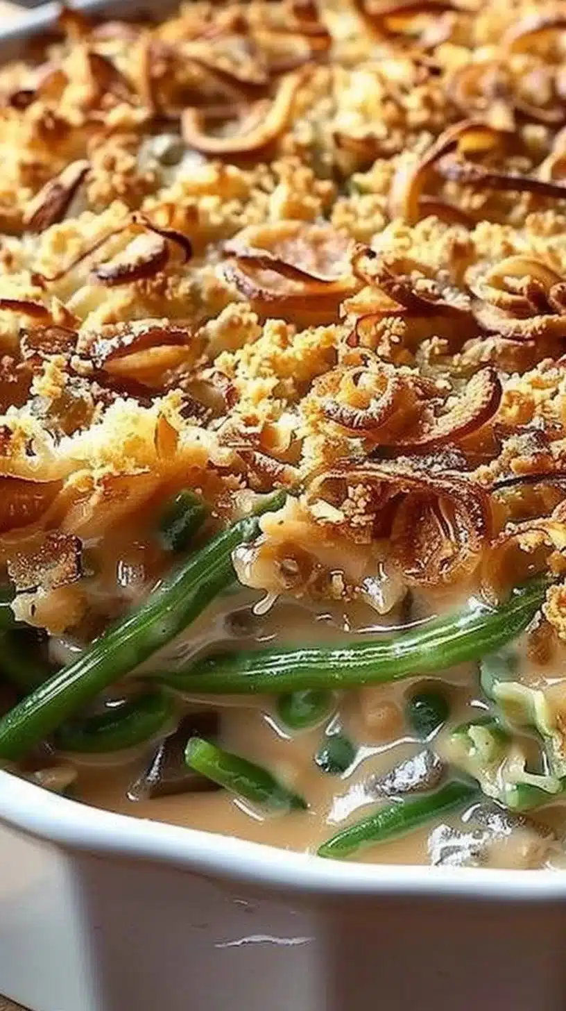 Delicious green bean casserole with crispy toppings served in a baking dish