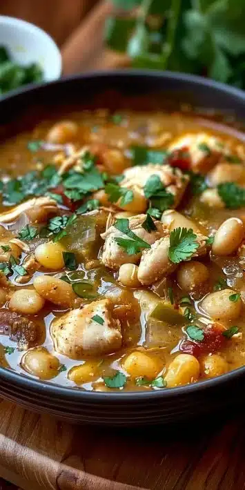 Green Chile White Chicken Chili in a bowl served with toppings