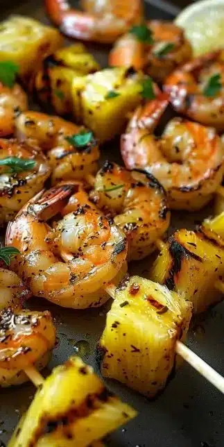 Delicious grilled shrimp and pineapple skewers on a plate ready for serving.