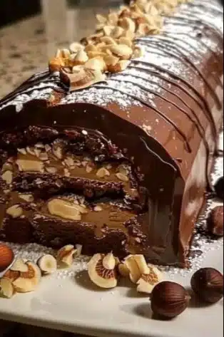 Delicious Hazelnut Yule Log dessert decorated for the holidays