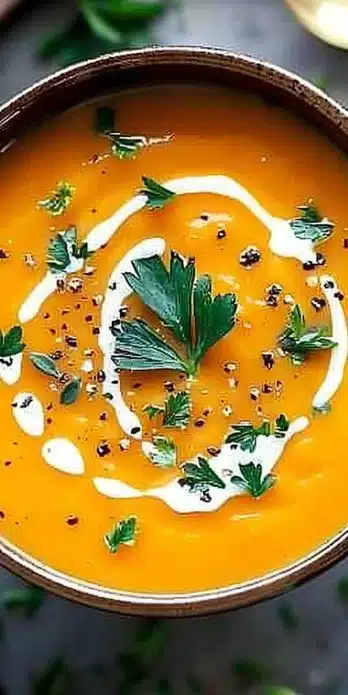 Bowl of healthy butternut squash soup topped with herbs