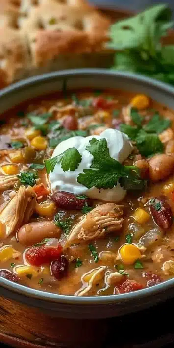 Bowl of healthy white chicken chili made with Greek yogurt, garnished with cilantro.