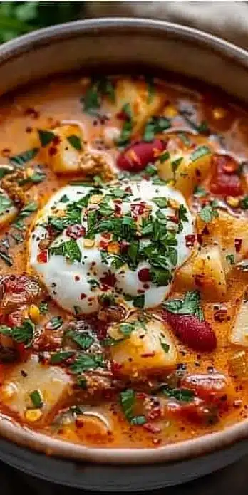 A bowl of hearty keto soup with vegetables and seasoning, ideal for low-carb diets.