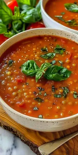 Bowl of hearty Tomato Basil Lentil Soup garnished with fresh basil
