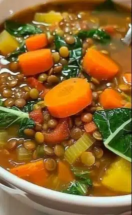 Bowl of hearty vegetable lentil soup surrounded by fresh vegetables.
