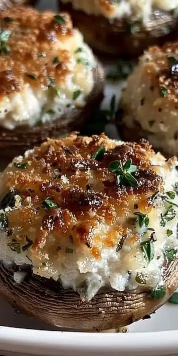 Herb and garlic stuffed mushrooms on a platter