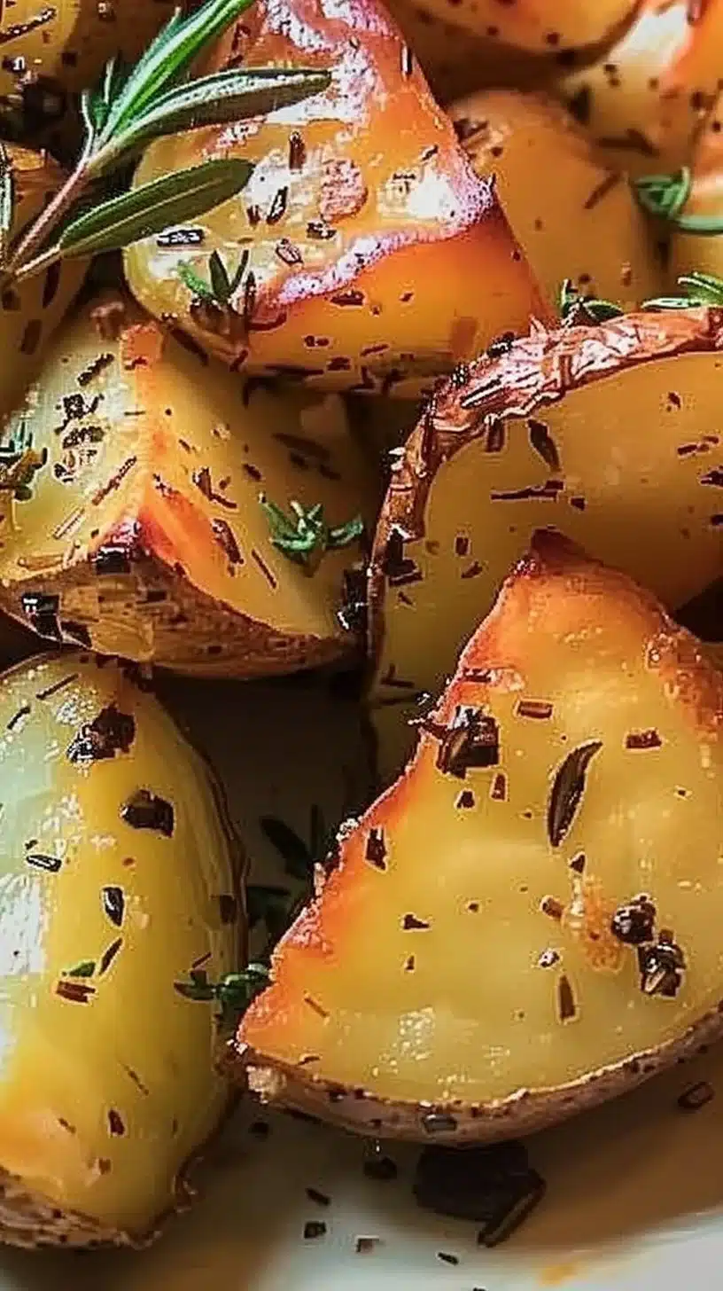 Herb roasted potatoes garnished with herbs, showcasing crispy, golden texture.