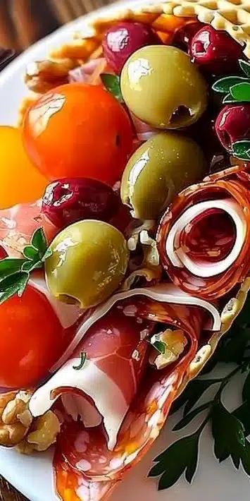 Festive Holiday Charcuterie Cones filled with assorted meats and cheeses.