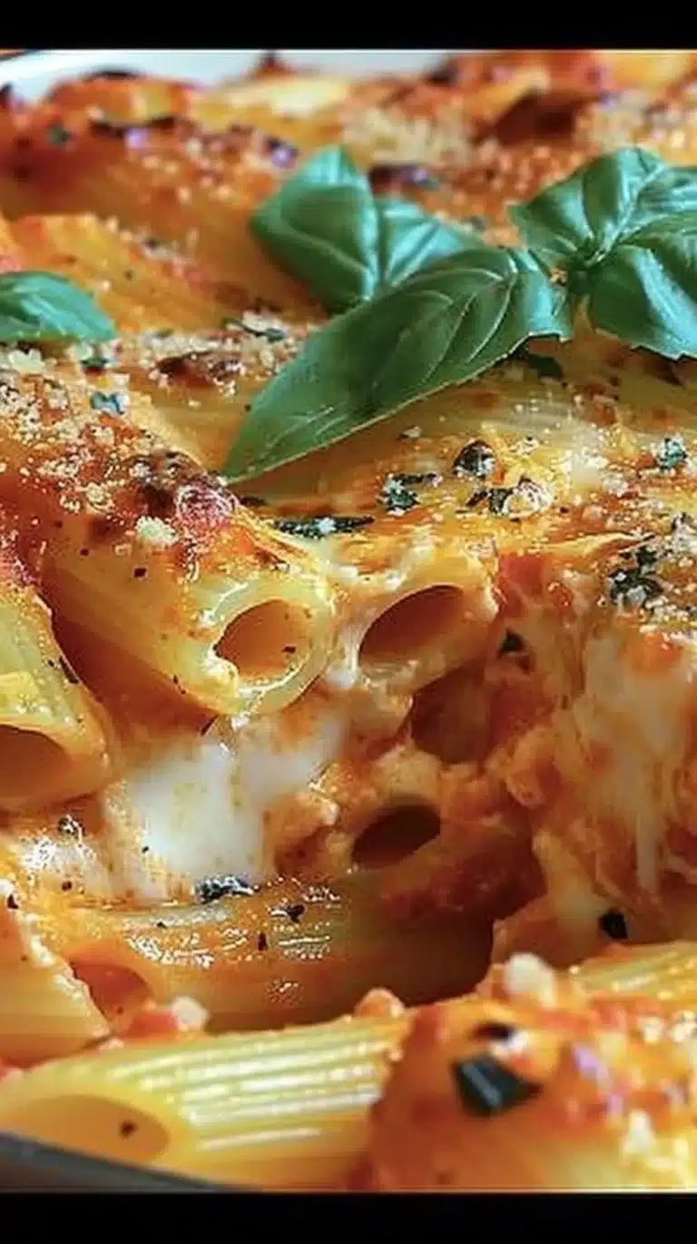 Delicious holiday pasta bake with melted cheese and festive ingredients