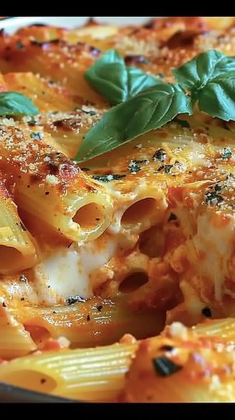 Delicious holiday pasta bake with melted cheese and festive ingredients
