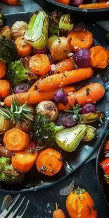 A platter of colorful roasted veggies prepared for the holiday season.