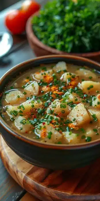 Bowl of homemade broth potato soup topped with herbs and croutons
