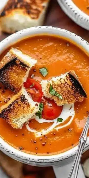 Bowl of homemade tomato basil soup garnished with fresh basil leaves