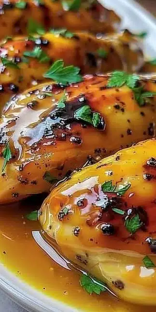 Delicious Honey Mustard Chicken served with fresh vegetables and herbs