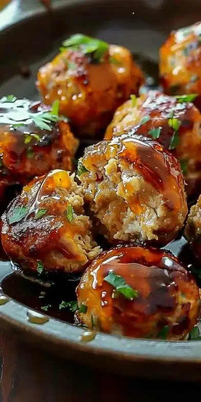 Delicious hot honey chicken meatballs garnished with herbs and spices