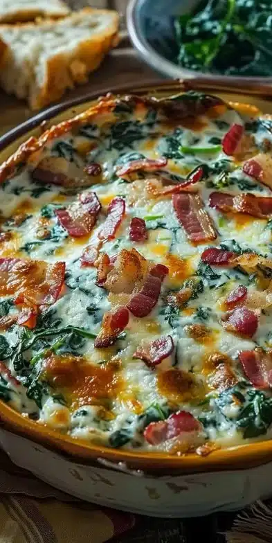Delicious Hot Spinach Bacon Dip served in a bowl with crispy bacon on top