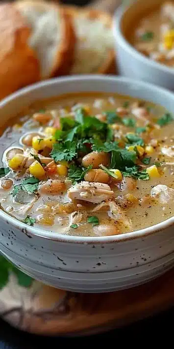 Bowl of Instant Pot white chicken chili garnished with cilantro and lime.