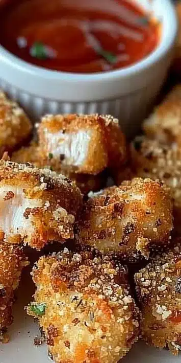 Crispy chicken parmesan bites served on a plate with marinara sauce and herbs.