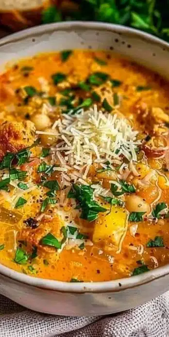 A bowl of Italian Penicillin Soup with fresh ingredients and herbs