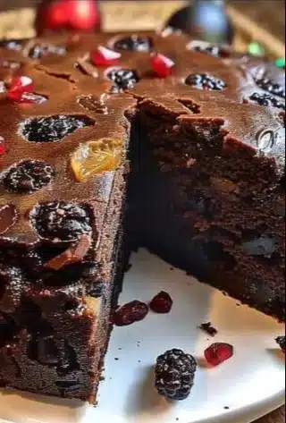 A slice of Jamaican Black Cake adorned with rum-soaked fruit and spices.