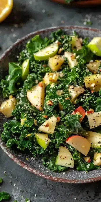 Fresh Kale & Apple Lemon Salad garnished with lemon slices and walnuts