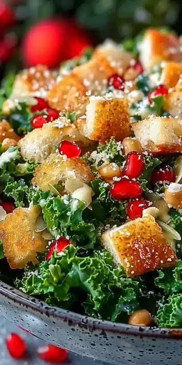 A delicious Kale Caesar Salad topped with festive ingredients for Christmas.