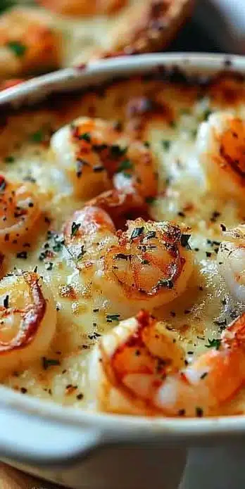 Delicious Keto Garlic Shrimp Au Gratin topped with melted cheese and herbs.