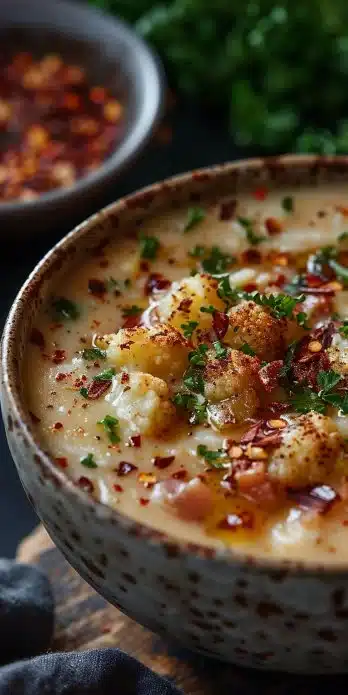 Bowl of Keto Loaded Cauliflower Soup garnished with cheese and herbs