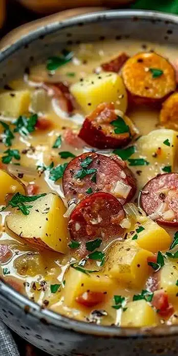 Bowl of hearty Kielbasa Potato Soup with potatoes and sausage