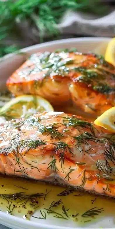 Delicious Lemon Dill Salmon served with fresh herbs and lemon slices
