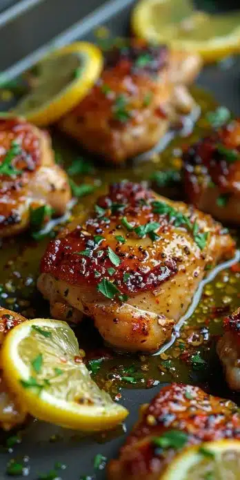 Lemon Garlic Butter Chicken Thighs served on a plate garnished with herbs
