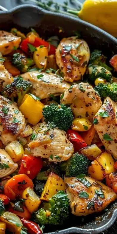 Lemon garlic chicken with vegetables in a skillet