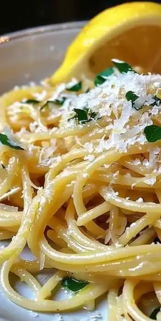 Plate of lemon garlic spaghetti topped with fresh herbs and lemon zest