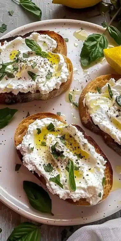 Lemon herb whipped ricotta toasts topped with fresh herbs and lemon zest.