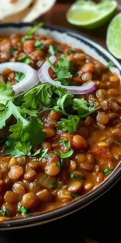 Bowl of flavorful lentil curry garnished with fresh herbs, showcasing comfort food.