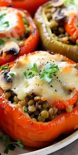 Lentil and mushroom stuffed peppers filled with vibrant flavors and healthy ingredients