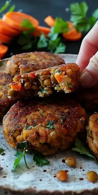 Flourless lentil patties served with fresh greens and sauce