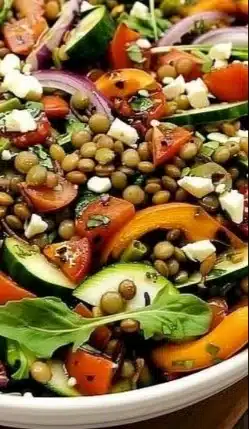 Colorful Lentil Salad with roasted vegetables and healthy toppings