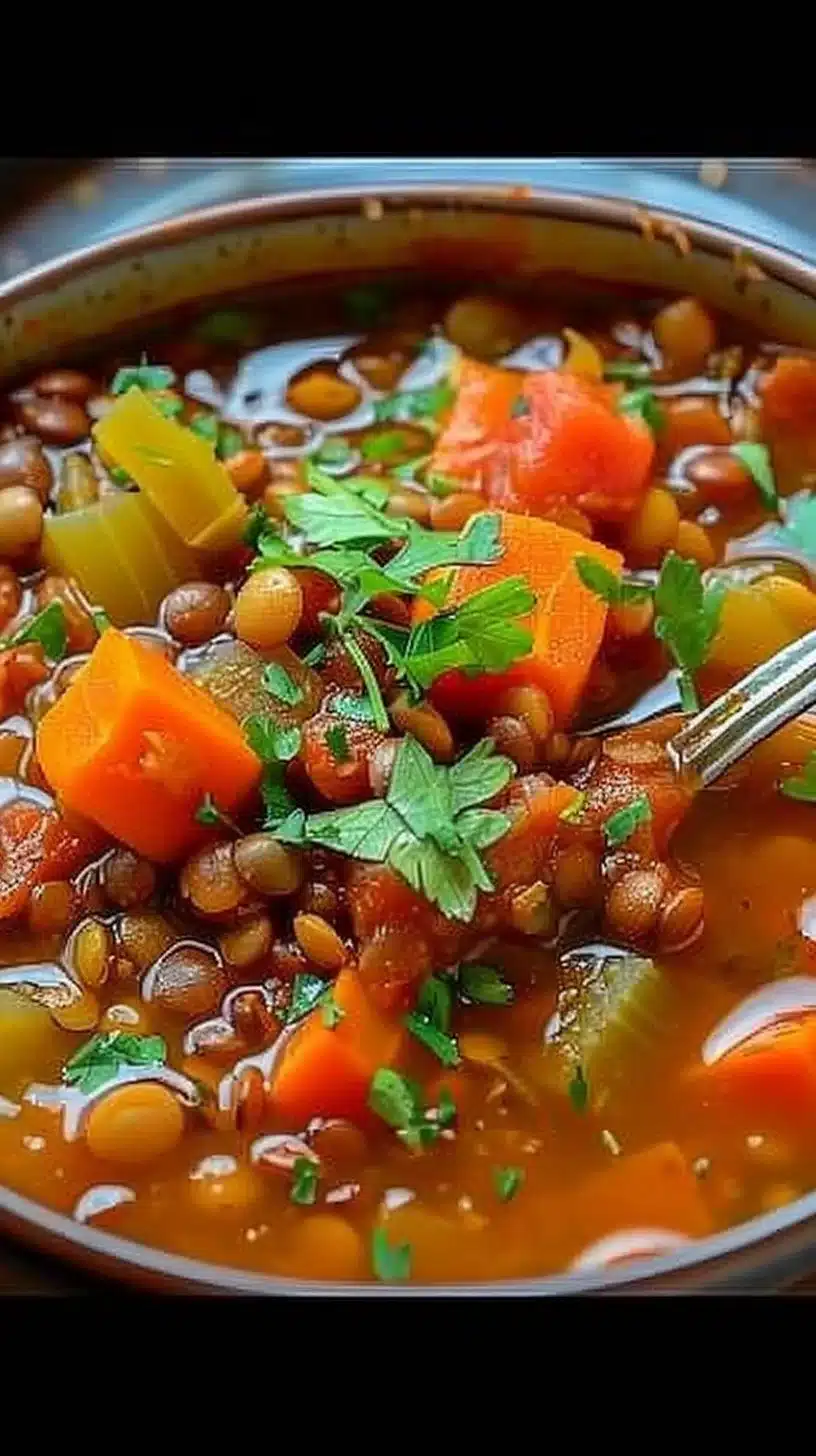 Bowl of hearty Lentil Vegetable Stew with fresh vegetables and herbs